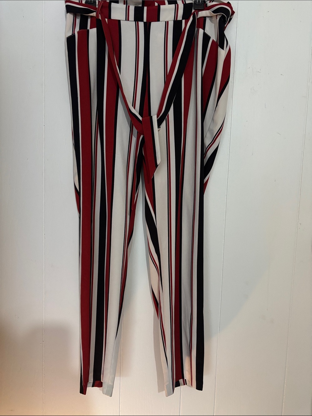 Soho Apparel Red Black and White Striped Tie Waist Pants
